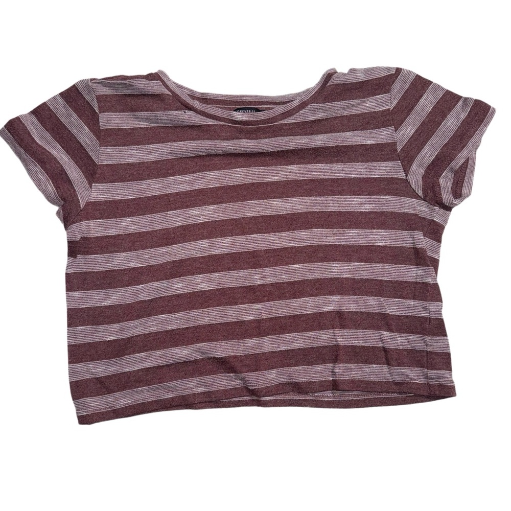 Forever 21 Short Sleeve Cropped Striped Tee Maroon & White Sz Small